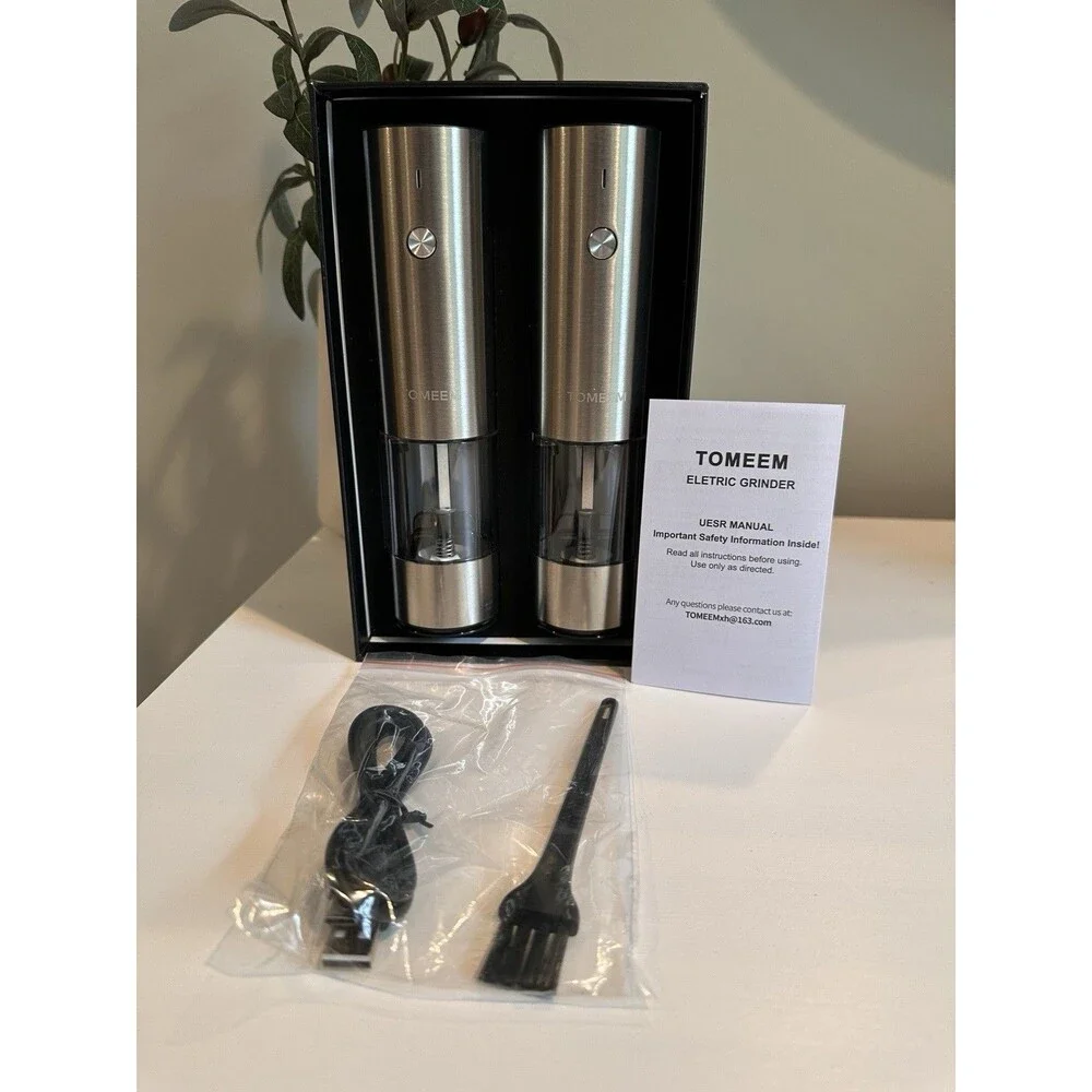 TOMEEM Electric Salt and Pepper Grinder Set USB Rechargeable Stainless Steel NIB